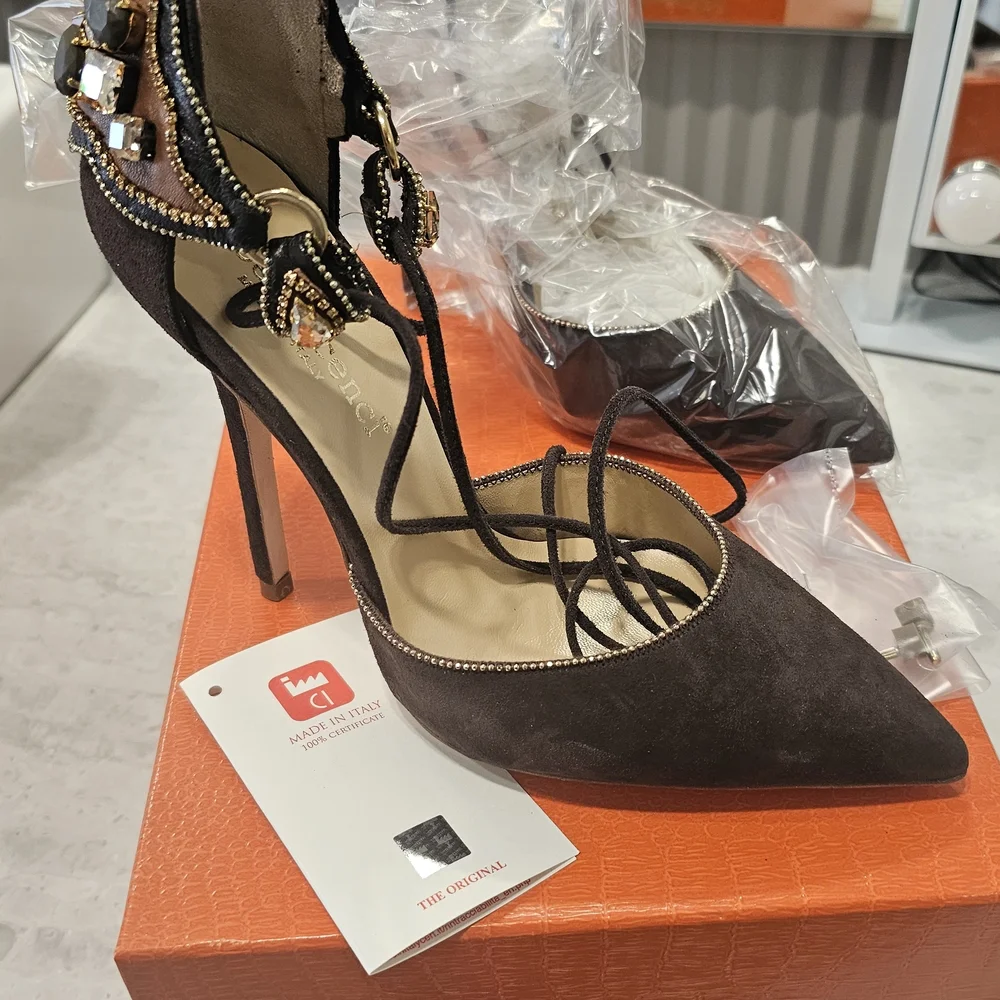 Roberto Cavalli Women’s Brown and Cream Embellished Suede Heels - Picture 12 of 16